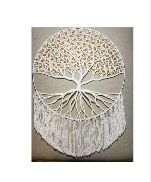 Iso Elämänpuu makramee - Valkoinen/kulta - 60 cm x 83 cm