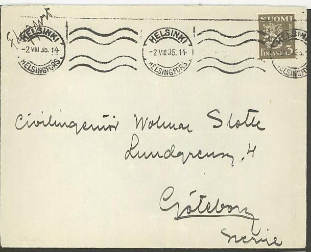 M30 1930 3mk oliivi yksin lentokirje Ruotsiin -35