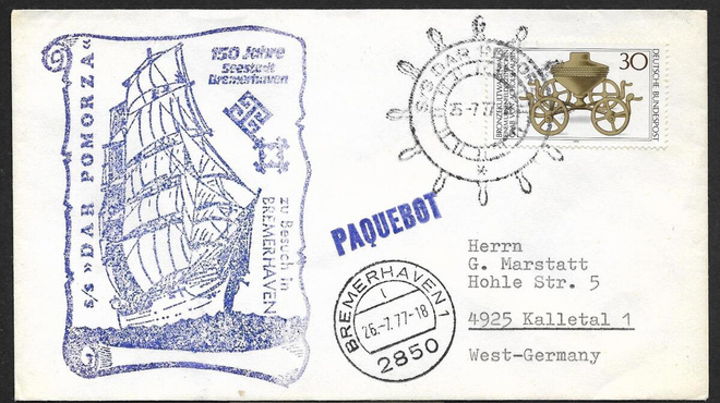 Postiläh. - BRD - Bremerhaven 1977 + laival. s/s Dar Pomorza
