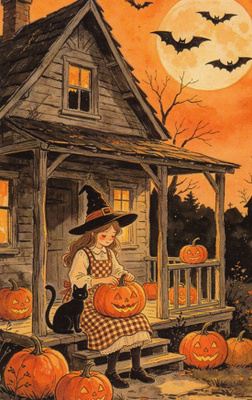 Halloween noitatyttö istuu kissan kanssa kuistilla