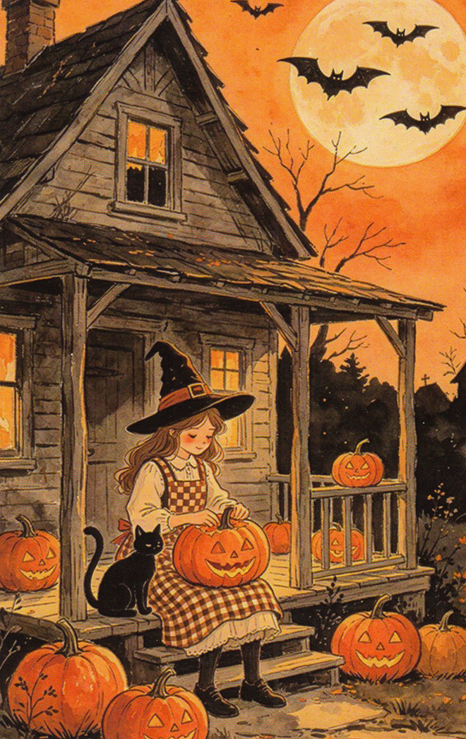 Halloween noitatyttö istuu kissan kanssa kuistilla