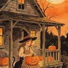 Halloween noitatyttö istuu kissan kanssa kuistilla - pikkukuva 1