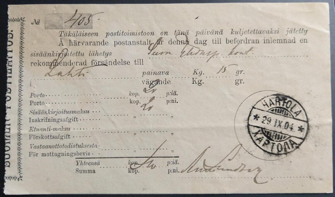Kirjatun kirjeen kuitti, Hartola 1904