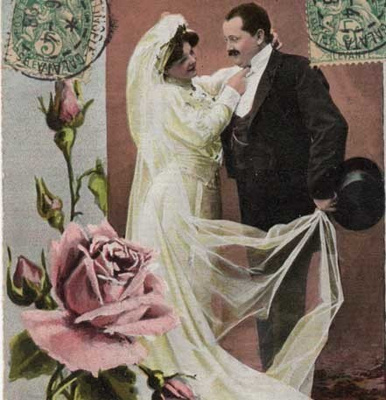 HÄÄT / Morsian kohentaa sulhasen kaulusta. 1900-l.