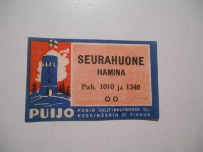 TT Etiketti Puijo Seurahuone Hamina