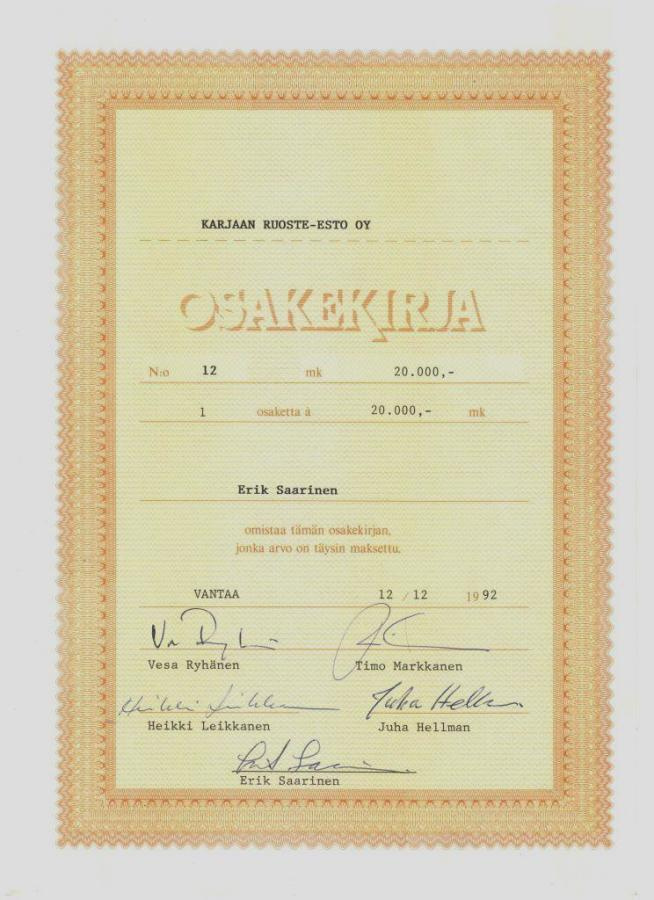 OKK 1992 Karjaan Ruoste-Esto Oy, Vantaa osakekirja