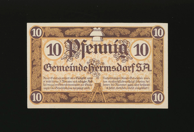 Saksa Notgeld 10 Pfennig, Hermsdorf 4.4.1919