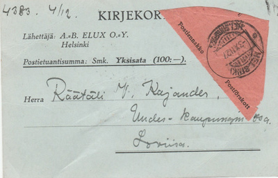 Kirjekortti v 1927, Helsinki-Loviisa