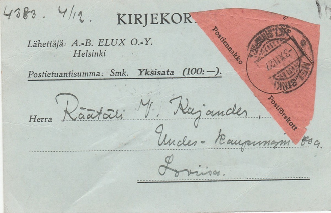Kirjekortti v 1927, Helsinki-Loviisa