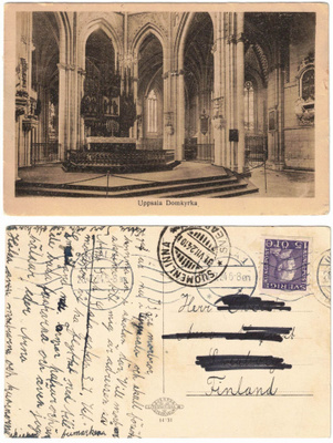 Vanha kortti, Ruotsi, Uppsala, tuomiokirkon sisäkuva, v.1924