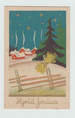 Lintulyhde aidanseipäässä, taustalla taloja  (7x11 cm)  (T)