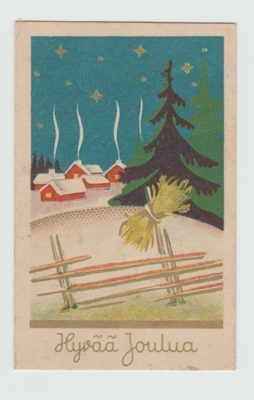 Lintulyhde aidanseipäässä, taustalla taloja  (7x11 cm)  (T)