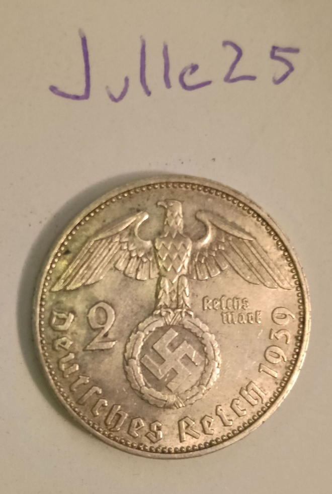 2 Reichsmark 1939 J natsisaksa hopeaa