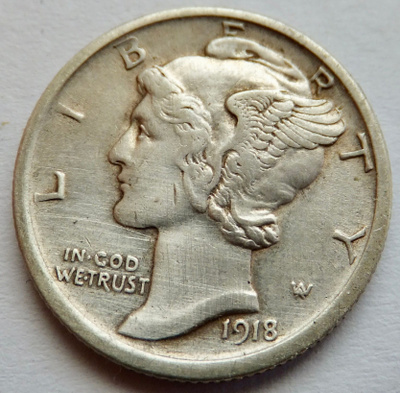 USA 1 Dime 10 c 1918 D Hopeaa HYVÄ