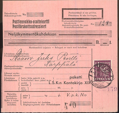 M30 1930 1,50 mk postiennakkomaksuna vapaakirjeellä