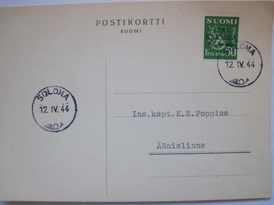 Postikortti Itä-Karjala Sot.Hallinto Soloma Leima 1944