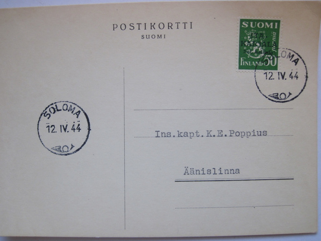 Postikortti Itä-Karjala Sot.Hallinto Soloma Leima 1944