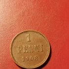 *Suomi *  1 penniä  *1908  *   Copper/Kupari *1+/EF - pikkukuva 1