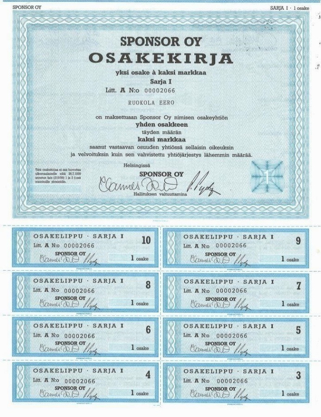 OKK 1989 Sponsor Oy, Helsinki pörssi osakekirja