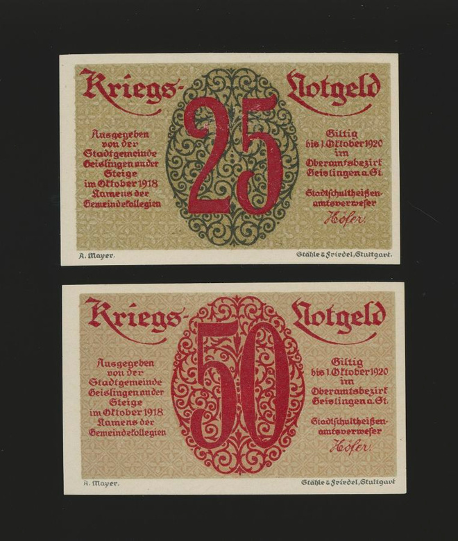 Saksa Notgeld 25, 50 Pfg, Geislingen 1920