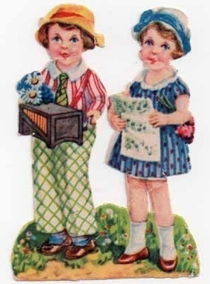 BNK / Posetiivia soittava poika ja laulava tyttö. 1930-l.
