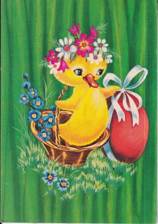 Iloista  Pääsiäistä.  Tipu korissa,  muna.    e134