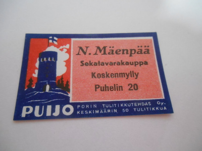 TT Etiketti Puijo N.Mäenpää Sekatavarakauppa Koskenmylly