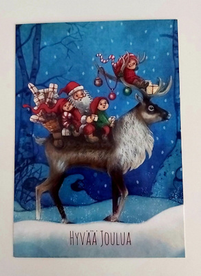 "Joulupukki ja tontut poron kyydissä"-KULKEMATON POSTIKORTTI