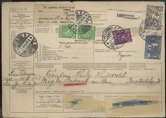 1935 postipakeet Saksaan via Helsingfors direct
