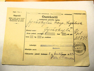1922 Suojeluskunnat Yliesikunta vapaapakettikortti Jyväskylä