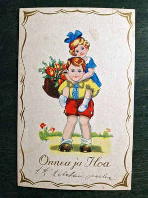 Onnea ja iloa onnittelukorti vintage postikortt.i UK T:RE