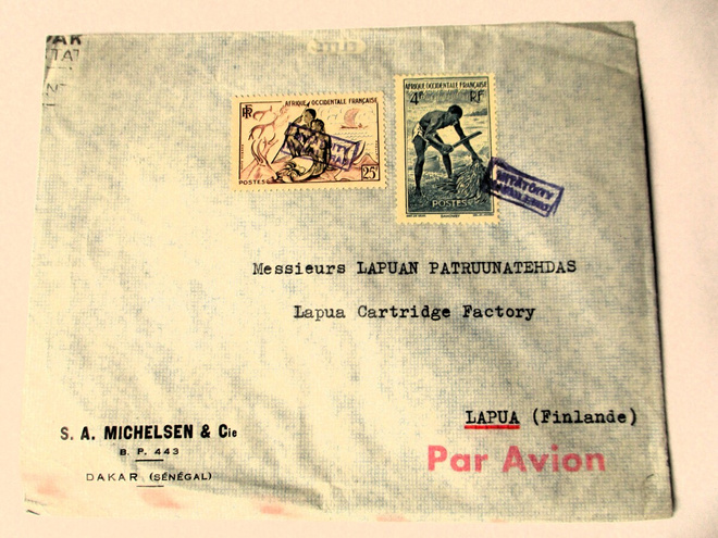 1956 Senegal Mitätöity lentokuori Lapuan Patruunatehtaalle
