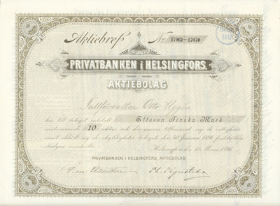 OKK 1896 Privatbanken i Helsingfors Ab pörssi Helsinki