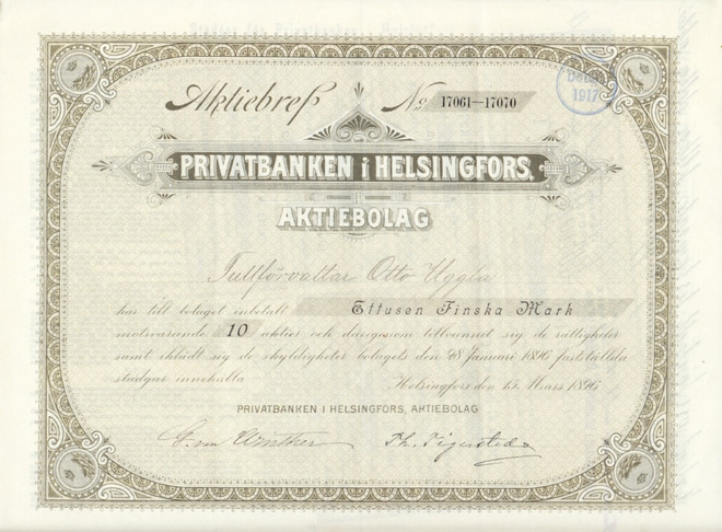 OKK 1896 Privatbanken i Helsingfors Ab pörssi Helsinki