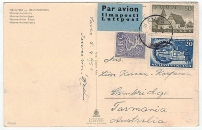 M54 1957 50(mk) Lammi ym lentopostikortti Tasmaniaan
