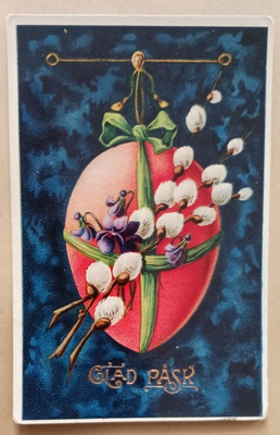 Pääsiäismuna, silkkinauhaa, pajunkissoja, orvokkeja p. 1911