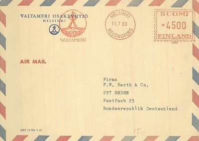 1963 Valtameri firman frankkeerausleima lentokirje Saksaan