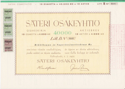 OKK 1951 Säteri Oy, Valkeakoski pörssi osakekirja