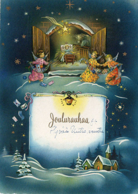 Vanha joulukortti-enkelit ja seimi