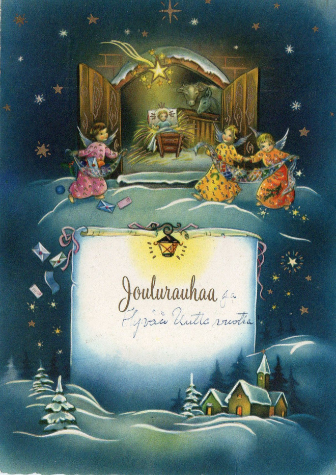 Vanha joulukortti-enkelit ja seimi