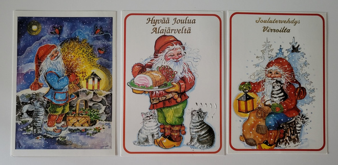 3 kpl joulukortti, kulkenut, kuvissa kissa
