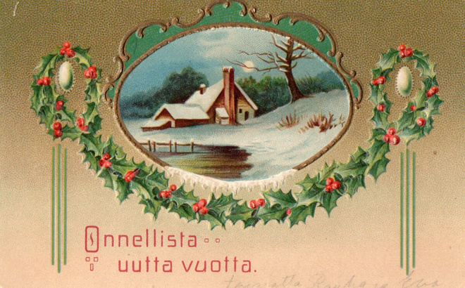 Vanha joulukortti-talvimaisema ja mistelit, koho