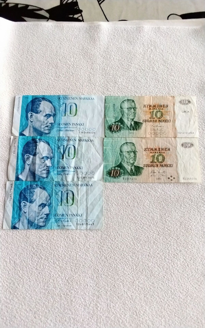 10 markan setelit 5 kpl. 1980 ja 1986 vuosilta