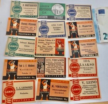 15xVANHA Tulitikkuetiketti Viipuri Sortavala ym Sampo 1930-l