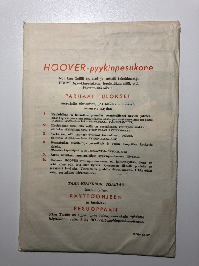 Vanhan Hoover- pyykinpesukoneen käyttöohje