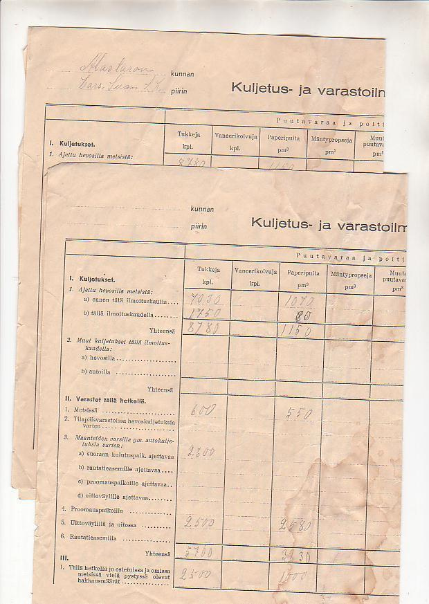 Kuljetus- ja varastoilmoitus 1942, 2 kpl.