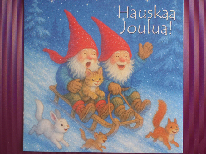 Tontut laskevat kelkalla mäkeä kissan kanssa