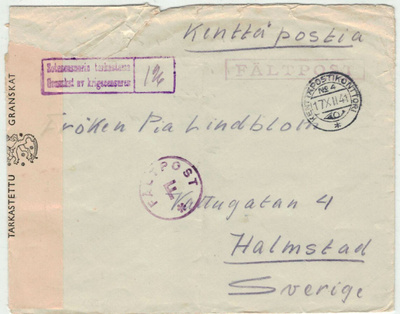 1944 kenttäpostikirje Ruotsiin 1941