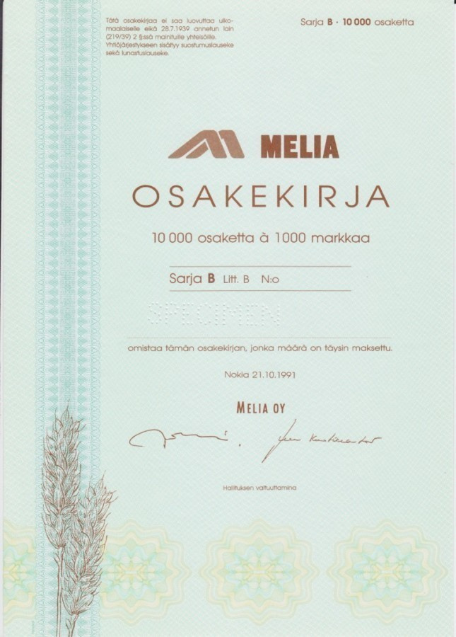 OKK 1991 Melia Oy spec, Nokia osakekirja
