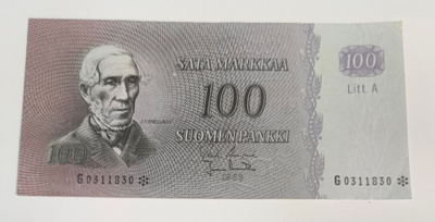100 markkaa v. 1963 Litt.A, G-tähti, vain 48 000 kpl
